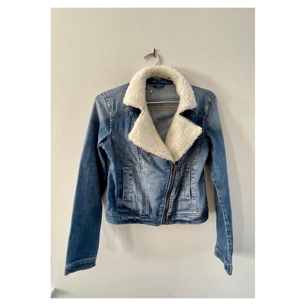 Blue Denim Cropped Jacket with Sherpa Collar.
